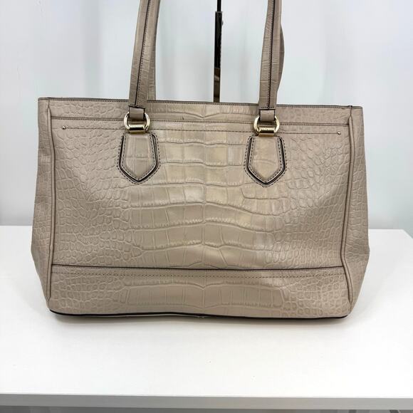 Cole Haan Tail Leather Croc Embossed Tote Taupe Double Zip Work Travel - Picture 3 of 14